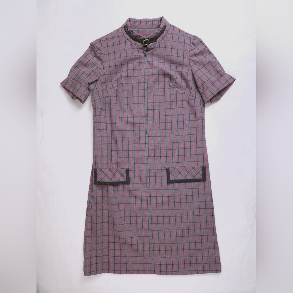 Trends By Jerrie Lurie Vintage Retro Grey Burgundy Plaid Dress Women's S/M